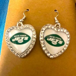 New York jets crystal shaped heart silver tone earrings